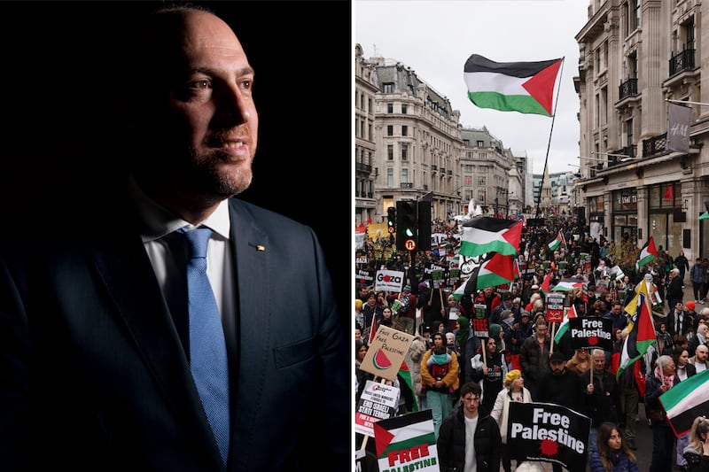 Left: Husam Zomlot. Right: Protestors march down Regent Street during the 'Ceasefire Now Stop The Genocide In Gaza' national UK demonstration in London. AP / Getty Images