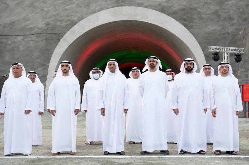 Guests at the ceremony, including Sheikh Hamad bin Mohammed Al Sharqi, Ruler of Fujairah, Sheikh Mohammed bin Hamad Al Sharqi, Crown Prince of Fujairah and Sheikh Theyab bin Mohamed bin Zayed, chairman of the Department of Transport, outside one of the completed tunnels.