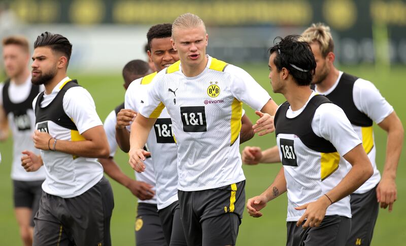 Borussia Dortmund's Erling Haaland during his team's training session in Dortmund on Tuesday, May 10, 2022. EPA