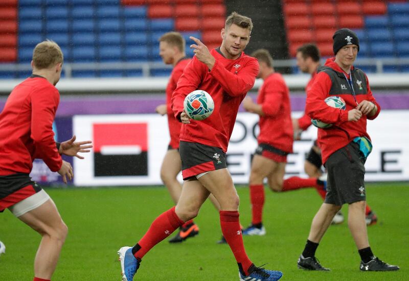 Wales' Dan Biggar passes the ball during training at the Yokohama International Stadium. AP