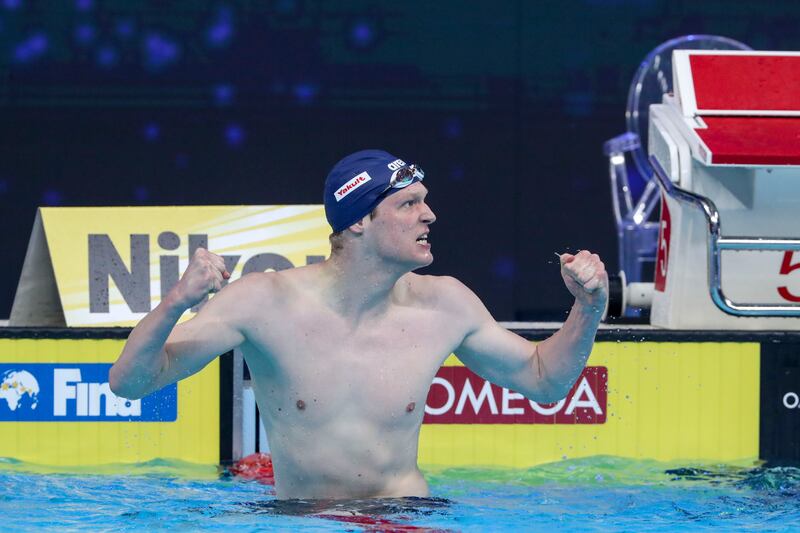 Felix Auboeck wins the men's 400m freestyle on the opening night of Fina World Swimming Championships at Etihad Arena on Thursday, December 16, 2021.