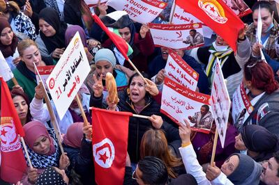 Protesters at a demonstration called by the General Union of Tunisian Workers over worsening economic problems in Tunisia's second city of Sfax. AFP