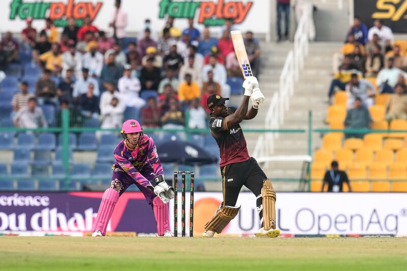 Rovman Powell smashed a spectacular 28-ball 76 to lead Northern Warriors to victory over Bangla Tigers in the Abu Dhabi T10 at Zayed Cricket Stadium on Sunday, November 27, 2022. – T10