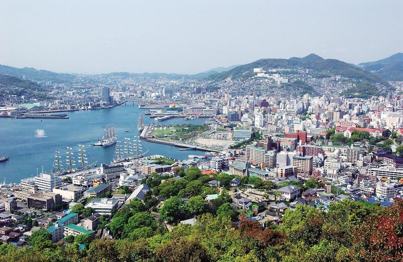 Nagasaki Port from Mt. Nabekanmuri, with Tall Ships, Nagasaki City