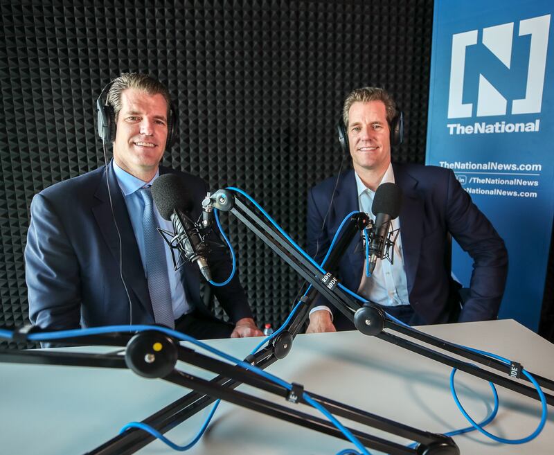 Gemini founders Tyler, left, and Cameron Winklevoss are looking at the UAE as a potential Middle East hub for their crypto exchange. Victor Besa / The National