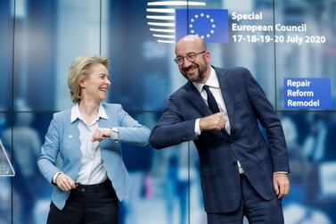 European Council president Charles Michel and European Commission president Ursula von der Leyen perform an elbow bump after a four-day European summit in Brussels, Belgium, on July 21, 2020. Reuters. 