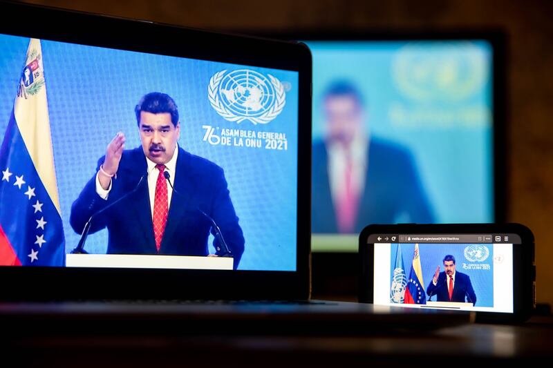 Nicolas Maduro, Venezuela's president, speaks in a prerecorded video. Bloomberg