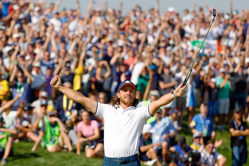 Tommy Fleetwood of Team Europe celebrates winning their match 2&1 on the 17th green during the Saturday morning foursomes matches of the 2023 Ryder Cup at Marco Simone Golf Club. Getty