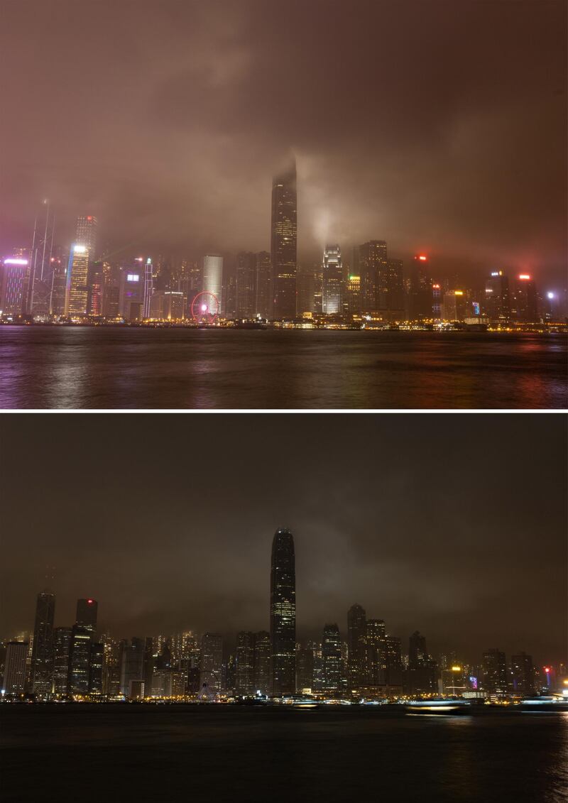 Hong Kong: Before and after the lights were turned off. EPA