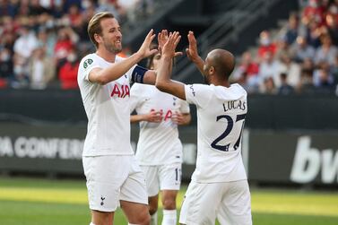 RENNES, FRANCE - SEPTEMBER 16: Harry Kane and Lucas Moura of Tottenham Hotspur celebrate their side's first goal, an own goal by Loic Bade of Rennes (not pictured) during the UEFA Europa Conference League group G match between Stade Rennes and Tottenham Hotspur at  on September 16, 2021 in Rennes, France. (Photo by John Berry / Getty Images)