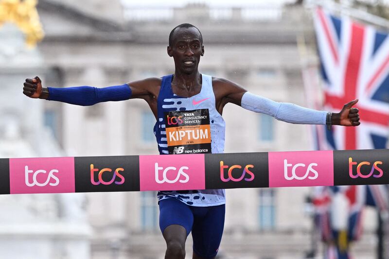 Kenya's Kelvin Kiptum wins the 2023 London Marathon in central London. AFP