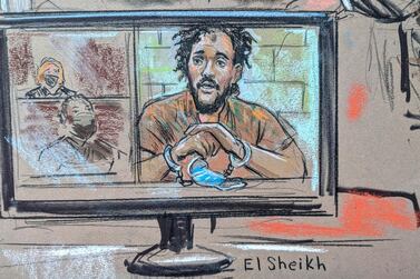 El Shafee Elsheikh is shown on a screen during a virtual hearing in a court in Virginia, US, on Wednesday. Bill Hennessy via REUTERS.  