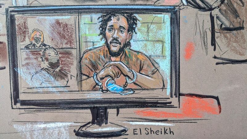 El Shafee Elsheikh, one of two alleged Islamic State militants known as the 'Beatles' facing trial on U.S. criminal charges for their alleged involvement in beheadings of American hostages in Syria, is shown on a screen during a virtual hearing in U.S. District Court in Alexandria, Virginia, U.S., October 7, 2020 in this courtroom sketch. Bill Hennessy via REUTERS   ATTENTION EDITORS - THIS IMAGE HAS BEEN SUPPLIED BY A THIRD PARTY. NO RESALES. NO ARCHIVES