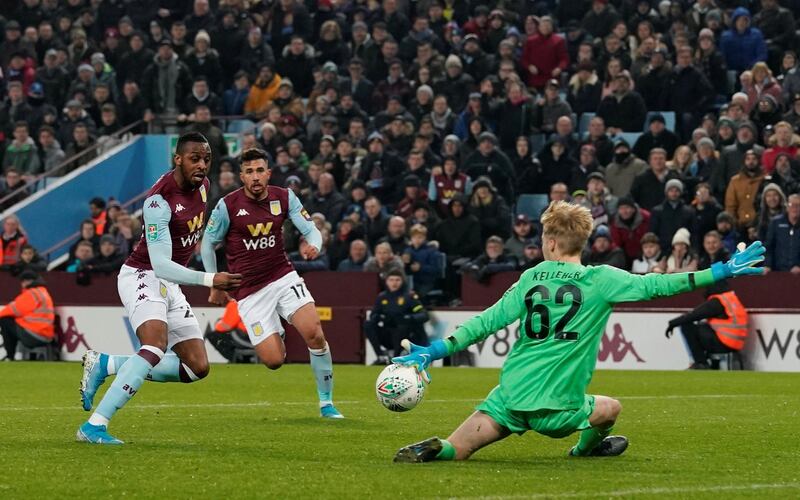Aston Villa's Jonathan Kodjia scores their third goal. Reuters