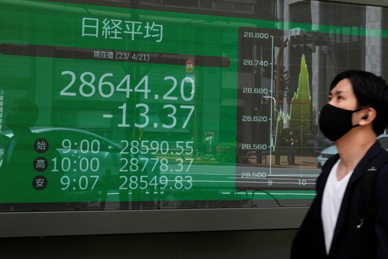 An electronic stock board shows Japan's Nikkei 225 index at a securities firm in Tokyo. AP