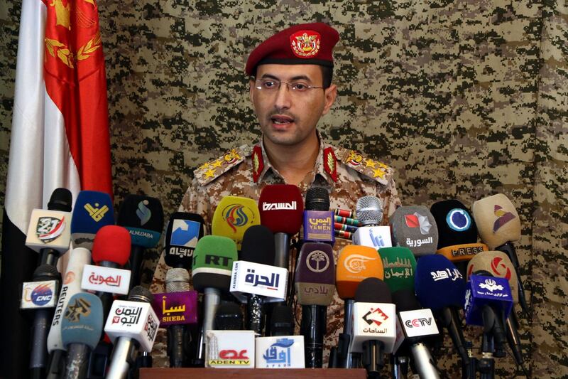 The Houthi rebels' military wing spokesman Brig Gen Yahya Saria gives a news conference in Sana'a, Yemen. According to reports, the UN has cast doubt over claims by the Houthi rebels that they started pulling their forces from the strategic Red Sea port of Hodeidah under the recent ceasefire agreement reached between the Yemeni Saudi-backed government and the Houthi rebels.  EPA