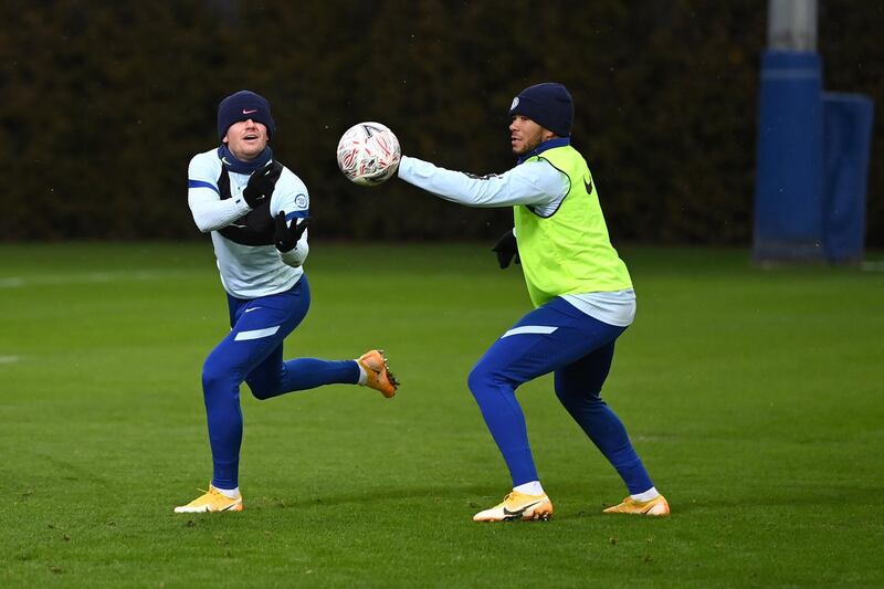 COBHAM, ENGLAND - FEBRUARY 09:  Ben Chilwell and Reece James of Chelsea during a warm down training session at Chelsea Training Ground on February 9, 2021 in Cobham, England. (Photo by Darren Walsh/Chelsea FC via Getty Images)