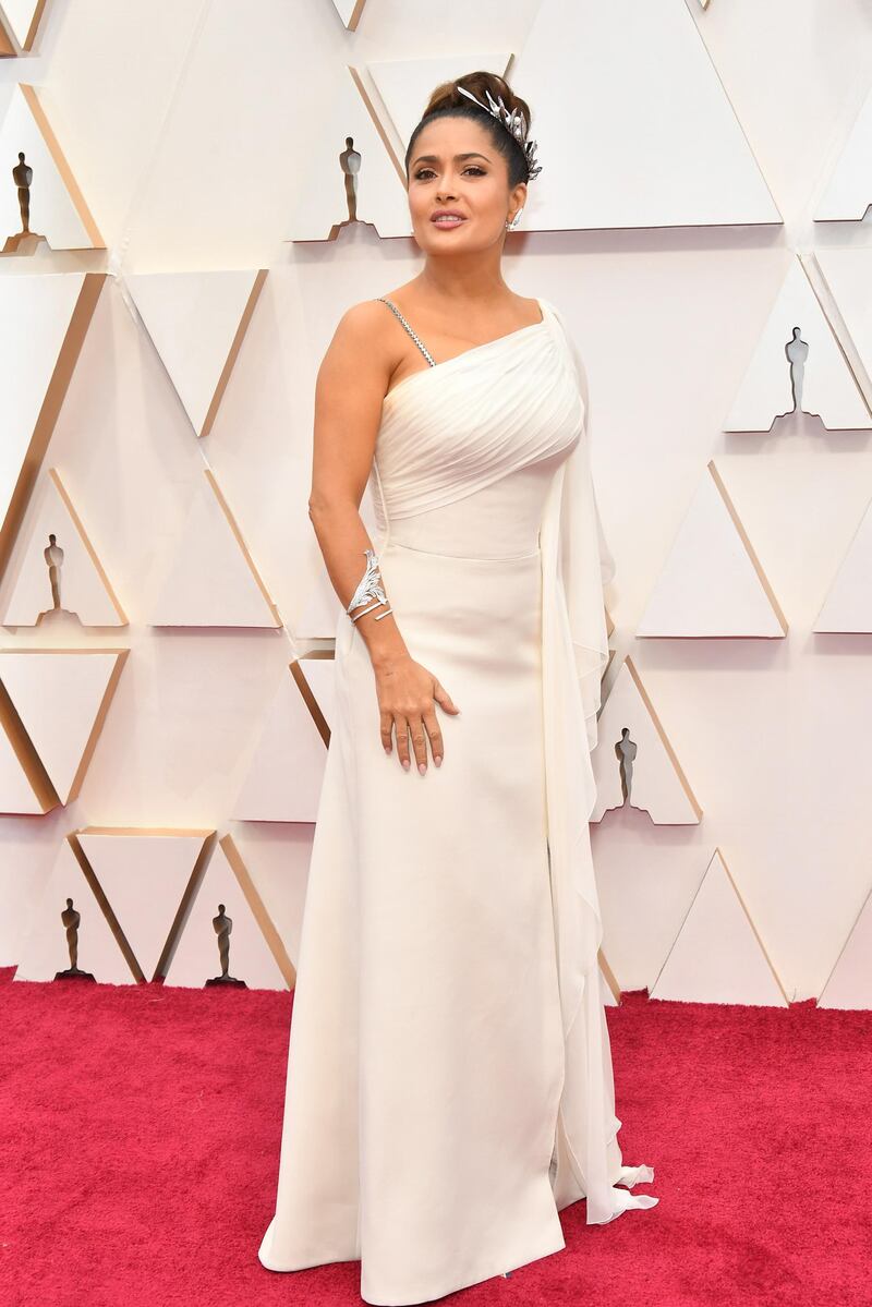 Salma Hayek Pinault in Gucci at the 92nd Annual Academy Awards at Hollywood and Highland on February 09, 2020 in Hollywood, California. AFP