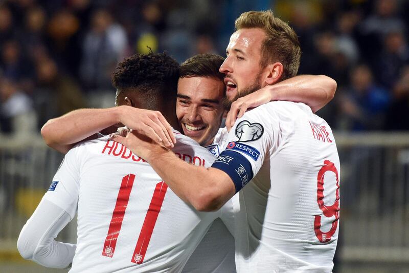 England's Harry Winks celebrates with teammates after scoring the opening goal in a 4-0 Euro 2020 qualifying win against Kosovo, on November 17, 2019. AFP