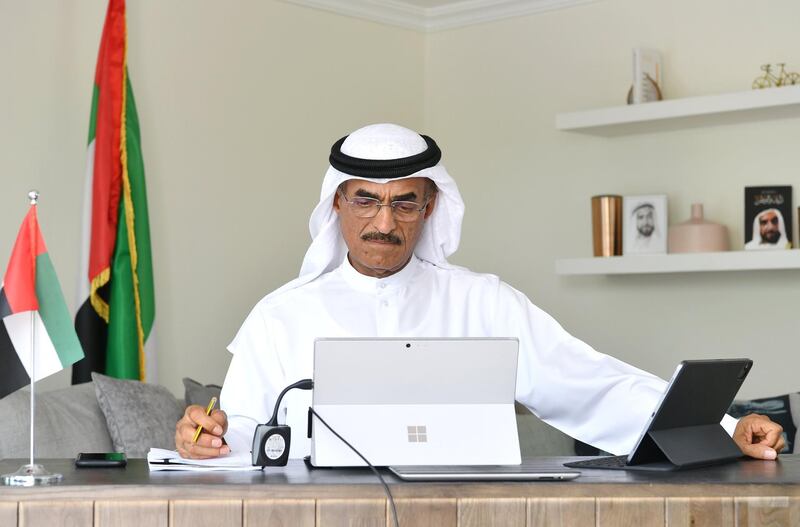 Dr Abdullah Al Nuaimi,  Minister of Infrastructure Development, attends a remote cabinet meeting on Sunday. Courtesy: UAE Government Twitter