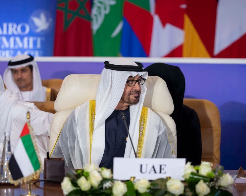President Sheikh Mohamed is among international leaders at Saturday's peace summit in Cairo. Photo: UAE Presidential Court
