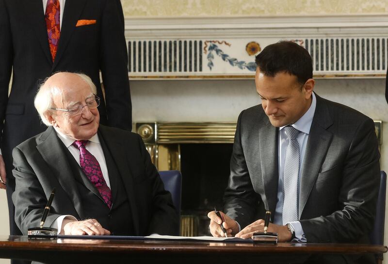 The Irish Taoiseach (Prime Minister) Leo Varadkar with President Michael D.Higgins at Aras an Uachtarain (The President's residence) dissolves the government in Dublin, Ireland January 14, 2020. REUTERS/Lorraine O'Sullivan