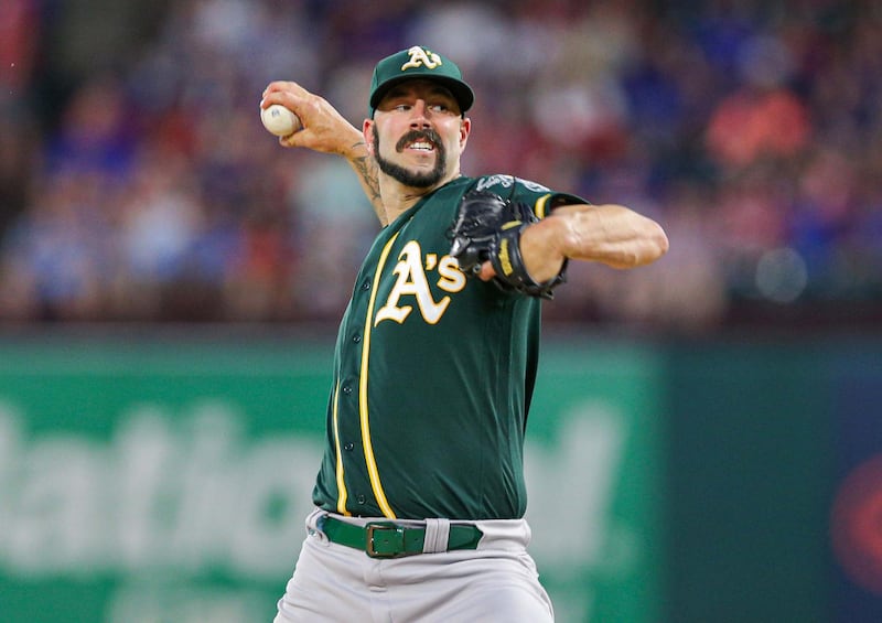 Sep 14, 2019; Arlington, TX, USA; Oakland Athletics starting pitcher Mike Fiers (50) throws against the Texas Rangers at Globe Life Park in Arlington. Mandatory Credit: Andrew Dieb-USA TODAY Sports/Reuters