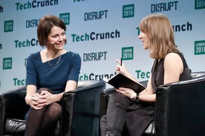 LONDON, ENGLAND - DECEMBER 05: Co-Founder and CEO of Darktrace Poppy Gustafsson (L) attends a Q&A with TechCrunch Moderator Natasha Lomas (R) during day 1 of TechCrunch Disrupt London at the Copper Box on December 5, 2016 in London, England.   John Phillips/Getty Images for TechCrunch/AFP (Photo by John Phillips / GETTY IMAGES NORTH AMERICA / Getty Images via AFP)