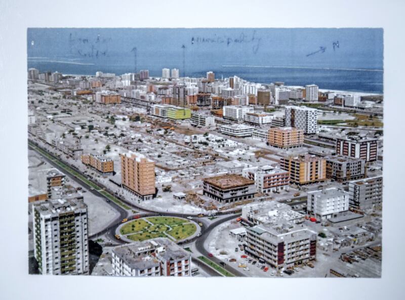 An annotated photo from Dr Makhlouf's book shows plans for Downtown Abu Dhabi and its Corniche. Victor Besa / The National