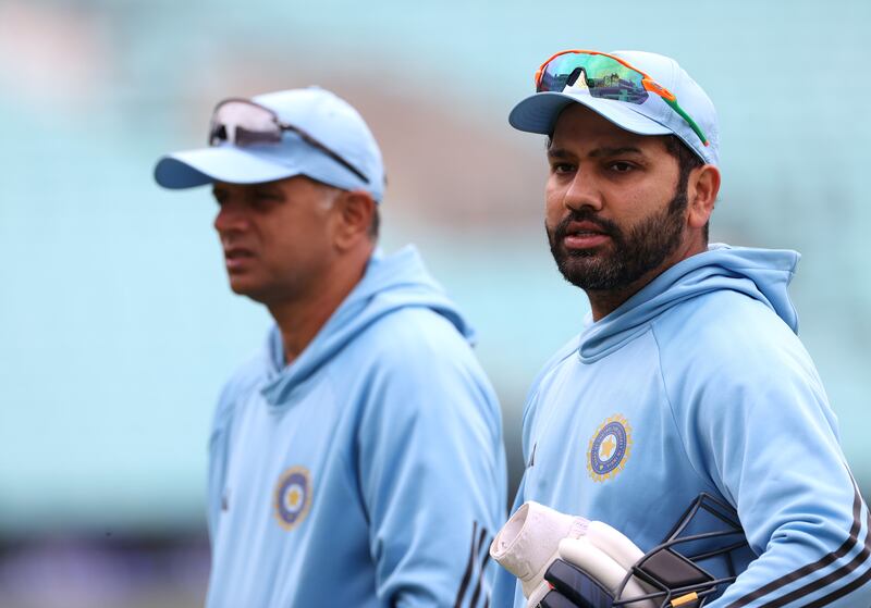 India captain Rohit Sharma with coach Rahul Dravid during training ahead of the World Test Championship final against Australia at The Oval on Tuesday, June 6, 2023. The match begins on Wednesday. Getty