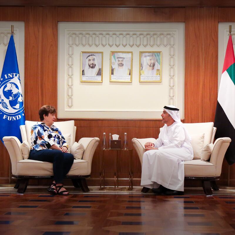 Khaled Balama, governor of the Central Bank of the UAE, met Kristalina Georgieva, managing director of the International Monetary Fund, in Abu Dhabi to explore bilateral relations between the two parties. Photo: CBUAE