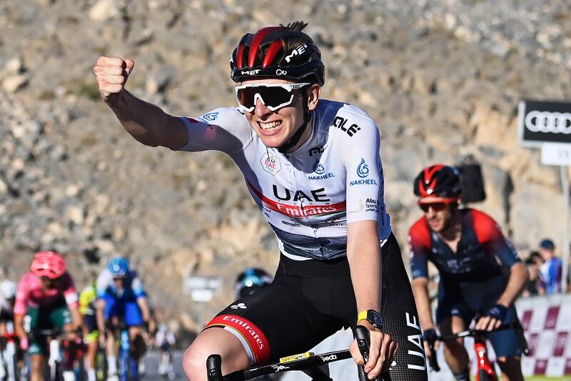 UAE Team Emirates' Tadej Pogacar celebrates winning Stage Four of the UAE Tour, from Fujairah Fort to Jebel Jais, on Wednesday, February 23, 2022. The victory took the Slovenian to the top in the General Classification as he seeks to defend his title. AP
