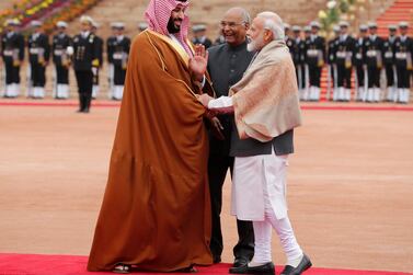 Saudi Arabia's Crown Prince Mohammed bin Salman is greeted by India's Prime Minister Narendra Modi and President Ram Nath Kovind during his ceremonial reception at the forecourt of Rashtrapati Bhavan presidential palace in New Delhi. Reuters