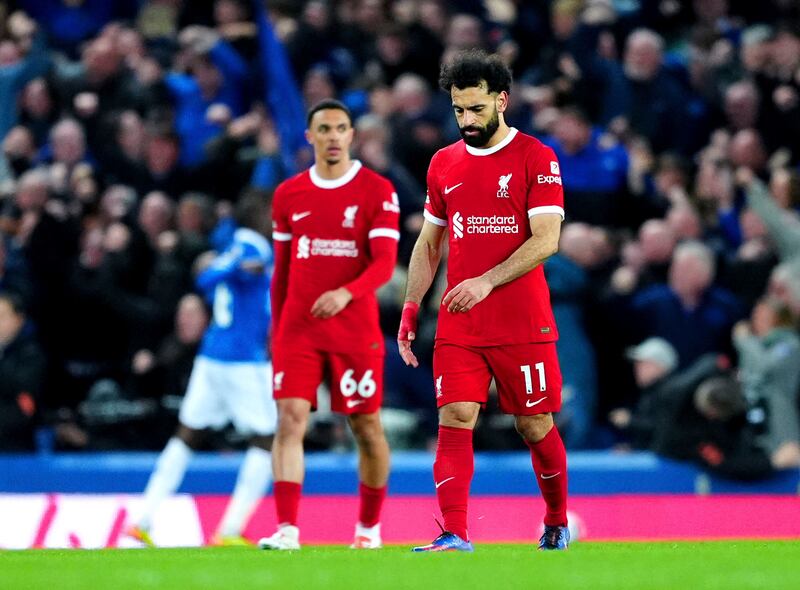 Mohamed Salah and Trent Alexander-Arnold during Liverpool's Premier League defeat to Everton at Goodison Park on Wednesday, April 24, 2024. PA 