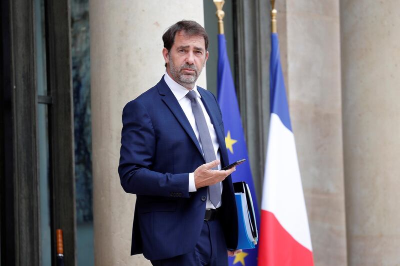 French Interior Minister Christophe Castaner leaves following the weekly cabinet meeting at the Elysee Palace in Paris, France, Wednesday, June 17, 2020. (Gonzalo Fuentes/Pool via AP)