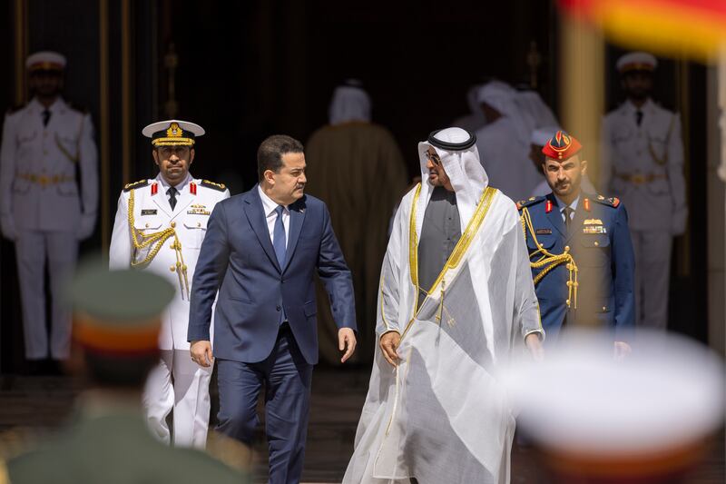 President Sheikh Mohamed receives Iraqi Prime Minister Mohammed Shia Al Sudani at Qasr Al Watan in Abu Dhabi. All photos: UAE Presidential Court