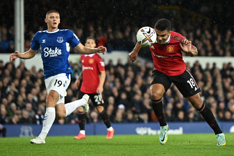 Casemiro heads the ball against Everton. AFP