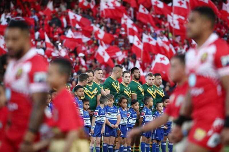 The teams line-up prior to Australia's rugby league clash with Tonga at Eden Park in Auckland, New Zealand, on Saturday, November 2. Getty