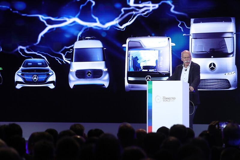 Dieter Zetsche, chief executive officer of Daimler AG, delivers a keynote speech at the Robert Bosch GmbH Internet of Things (IoT) conference in Berlin, Germany, on Wednesday, Feb. 21, 2018. Bosch raked in record profit and revenue last year and foresees more growth in 2018 even as the German auto-parts giant wrestles with weakness in the scandal-beset diesel segment that might be compounded by controversial air-quality tests on monkeys that came to light this week. Photographer: Krisztian Bocsi/Bloomberg