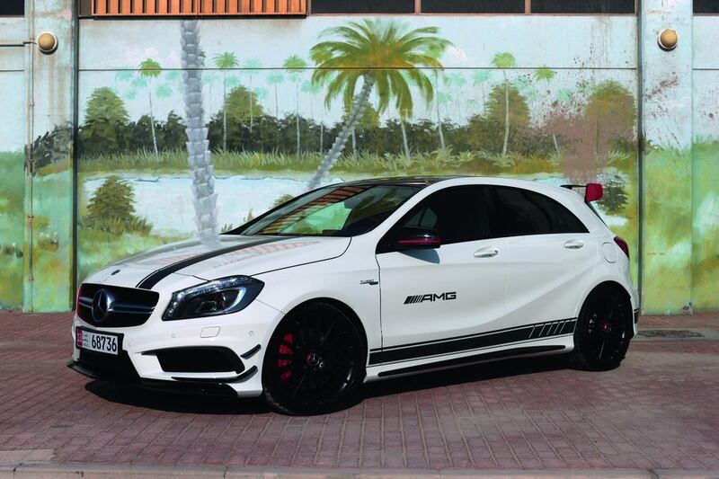 The Mercedes A45 AMG transforms the A-Class into the hottest of hot hatches, zooming from standstill to 100kph in 4.6 seconds. Christopher Pike / The National