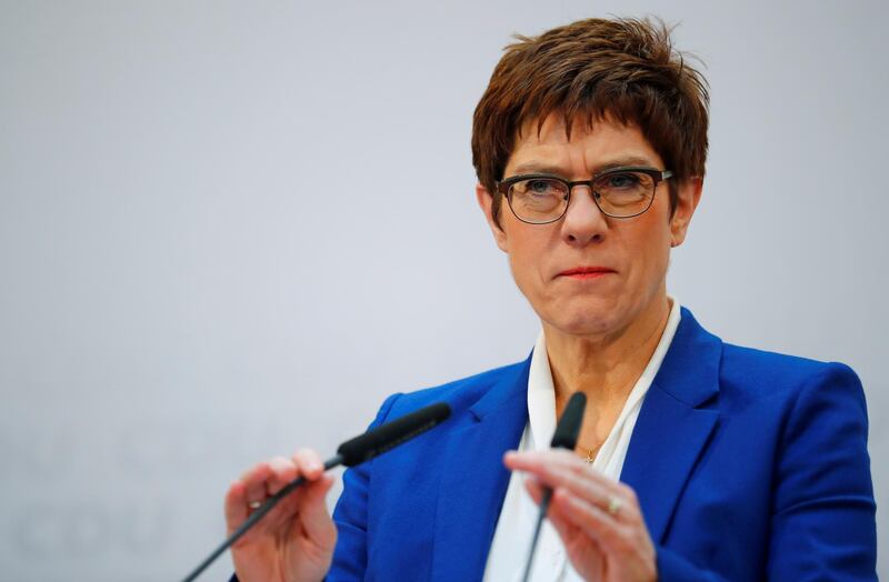 Annegret Kramp-Karrenbauer, outgoing leader of Germany's Christian Democratic Union (CDU), speaks during a news conference after a board meeting at the party’s headquarters in Berlin, Germany, February 10, 2020. REUTERS/Hannibal Hanschke
