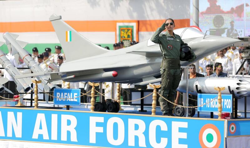 An Indian Air Force float with a model of a Rafale French fighter jet takes part in the Republic Day parade in Kolkata. Piyal Adhikary / EPA