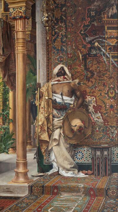 This excessive, romanticised portrayal of a palace guard is typical of Orientalism, which thrilled to the colours, patterns, and details of Middle Eastern art and design. The British Museum exhibition pairs this painting with examples of the blue, green, and yellow tiles behind the figure. By Antonio Maria Fabres y Costa (1887–89). Courtesy Islamic Arts Museum Malaysia  