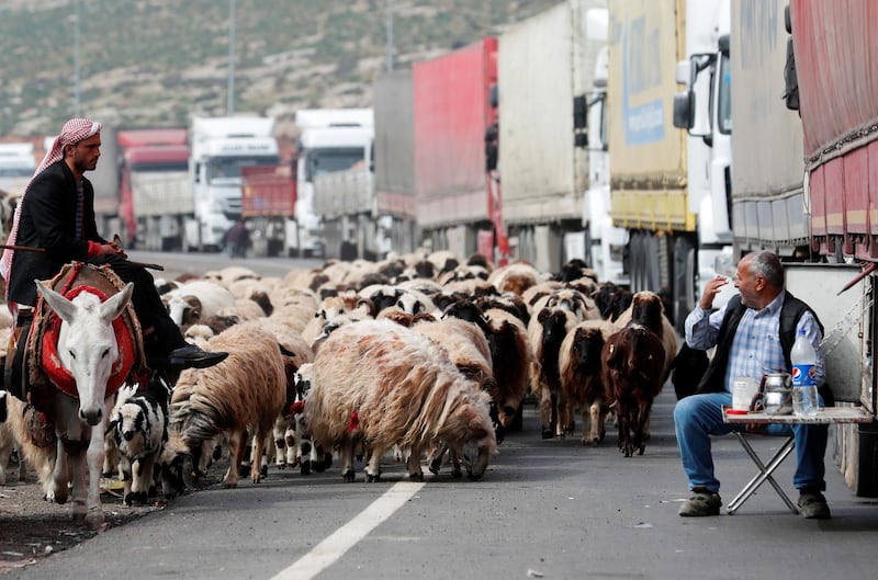 A truck driver talks to the shepherd at the Cilvegozu border gate, located opposite to the Syrian commercial crossing point Bab al-Hawa, in Reyhanli, Hatay province, Turkey, February 28, 2020. REUTERS/Murad Sezer
