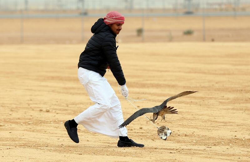 A hunter uses a fake bird to lure a falcon during the Saudi Arabia's King Abdulaziz Falconry Festival in Riyadh, Saudi Arabia. Reuters