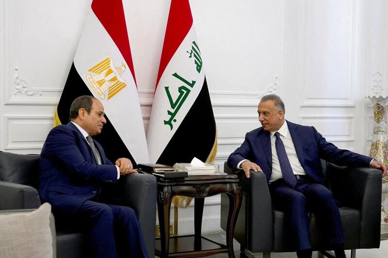 Prime Minister Mustafa Al Kadhemi meeting with Egyptian President Abdel Fattah El-Sisi in Baghdad. AFP, HO – Iraqi Prime Minister's Office