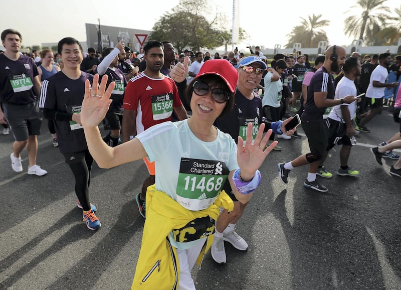 Dubai, United Arab Emirates - January 25, 2019: The start of the 10k at the Standard Chartered Dubai Marathon 2019. Friday, January 25th, 2019 at Jumeirah, Dubai. Chris Whiteoak/The National