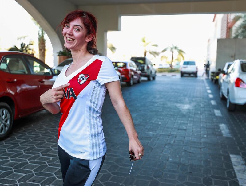 Al Ain, United Arab Emirates.  December 18, 2018.  River Plate Fans at the Hili Rayhaan by Rotana Hotel at Al Ain.
Nadia Leczuk before riding her shuttle bus to the Hazza Bin Zayed Stadium.
Victor Besa / The National
Section:  SP
Reporter:  Daniel Sanderson