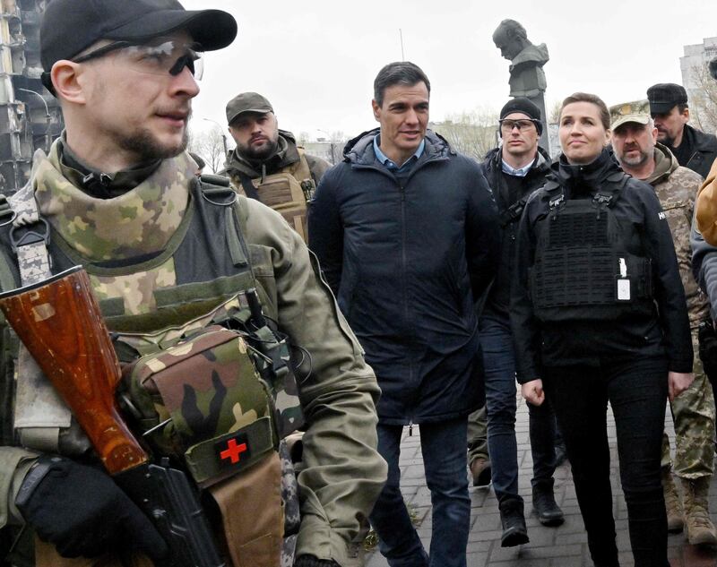 Spain's Prime Minister Pedro Sanchez and Denmark's Prime Minister Mette Frederiksen visiting Borodianka on April 21. AFP