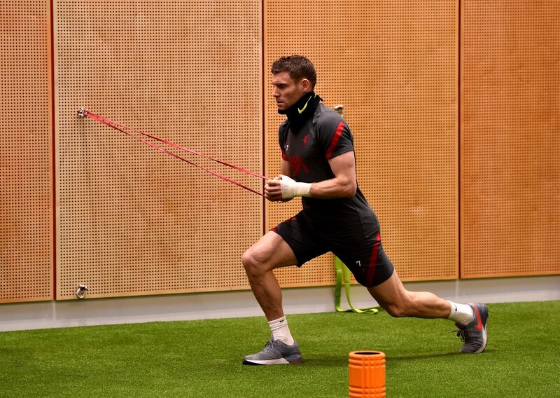 KIRKBY, ENGLAND - NOVEMBER 19: (THE SUN OUT, THE SUN ON SUNDAY OUT) James Milner of Liverpool during a gym training session at AXA Training Centre on November 19, 2020 in Kirkby, England. (Photo by Andrew Powell/Liverpool FC via Getty Images)
